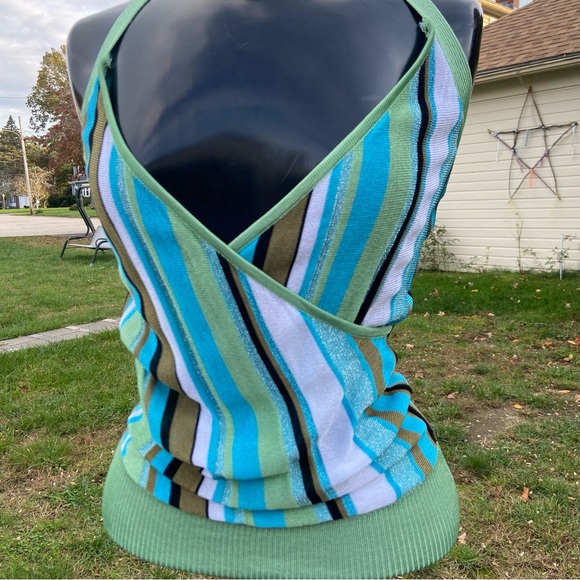 BEBE vintage halter cross front racerback striped stretchy top - Picture 3 of 6